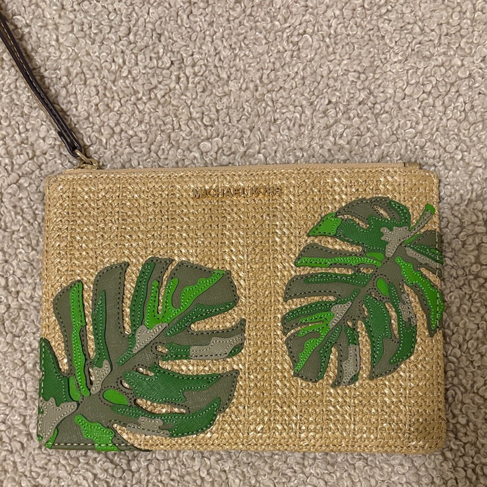 Michael Kors Tan Clutch with Green Leaf Design